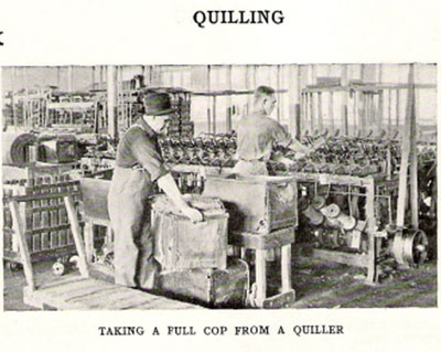 Two men removing jute from a quiller